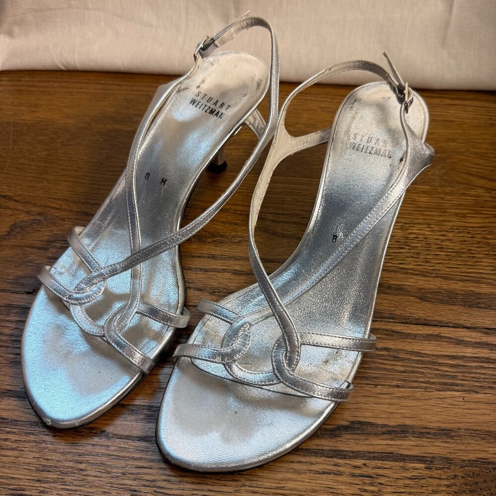 Stuart Weitzman strappy silver heels in women's size 8